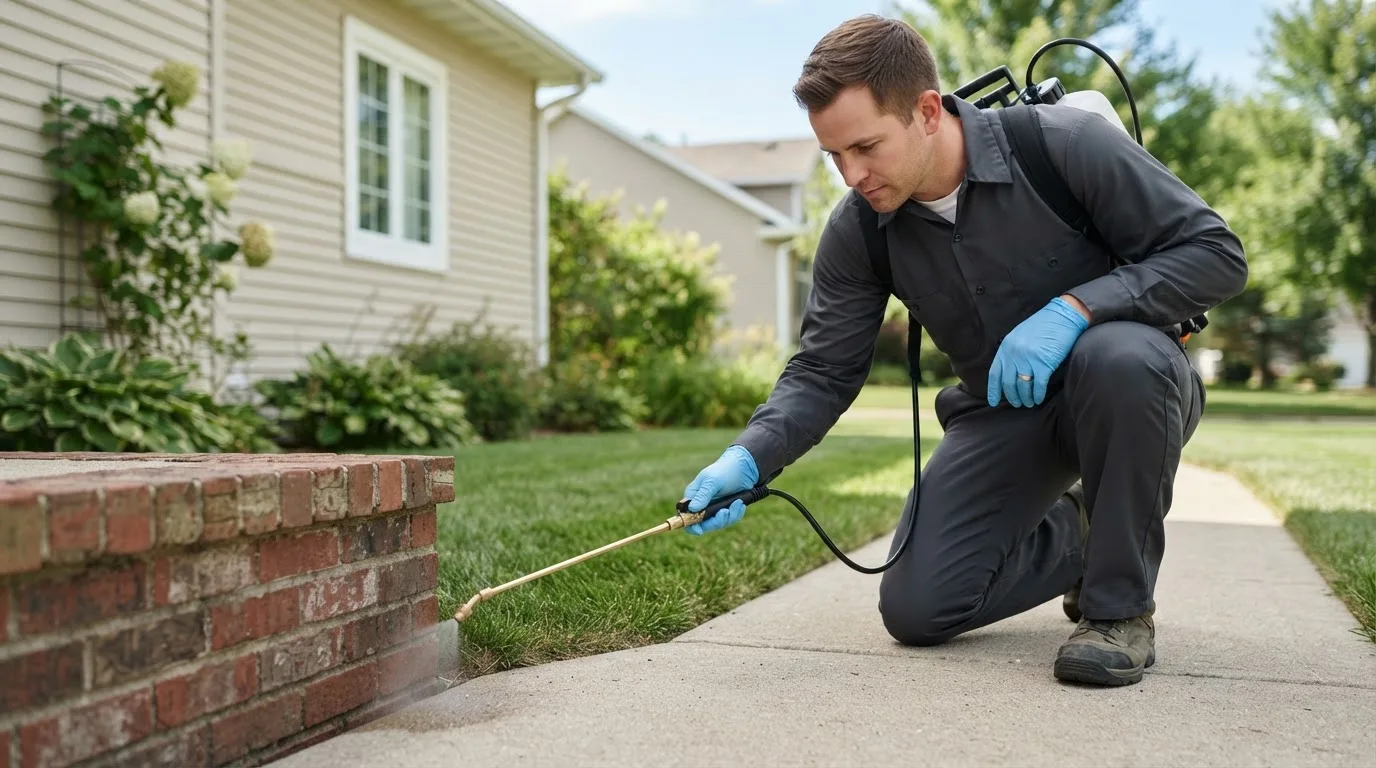 Pest control technician treating a home near Randlett, OK