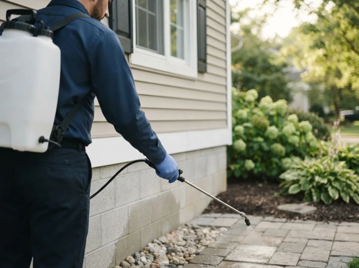 Pest control technician inspecting a home in Randlett, OK
